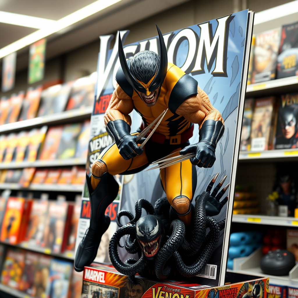 Jumping out of a Comic book cover on a store shelf is Wolverine and Venom. Wolverine has his claws impaled into Venom in Cinematic Real3D photo-realistic quality.