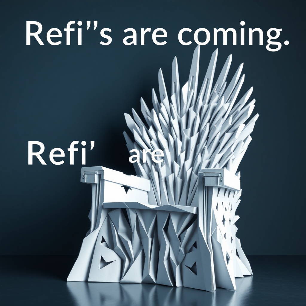 A flyer image of the game of thrones chair made out of white paper. The text in the background says Refi’s are coming. The refi is for refinancing a home. Photorealistic, cinematic shot.