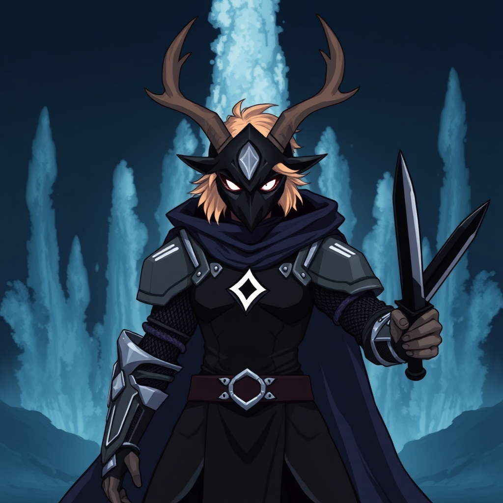 (Anime-pixel art) background of a massive dark blue-black-dark magic fountain erupting into the air, a fierce and violent knight stands poised for battle. She wears sleek, black knight armor, marked by a small white eye shaped symbol at its center, exuding an air of intimidation. Her face is obscured by a terrifying goat-like mask, with a single glowing white eye on the right, and another white eye symbol perched at the top of the mask, adding to her menacing presence.

The knight's imposing silhouette is accentuated by two large, dark-silver shoulder guards that gleam ominously in the darkness. Draped behind her is a flowing dark-blue cape that billows dramatically, hinting at her formidable power. Atop her head, two impressive deer antlers rise on each side of her head, further enhancing her fearsome appearance, while her short, tousled blonde hair peeks out from beneath the mask. She is holding in her right hand a black knife with black-dark magic.

This is the Roaring Knight, known as Mayor Holiday from Deltarune, captured in a striking full-body view that highlights both her ferocity and enigmatic allure.