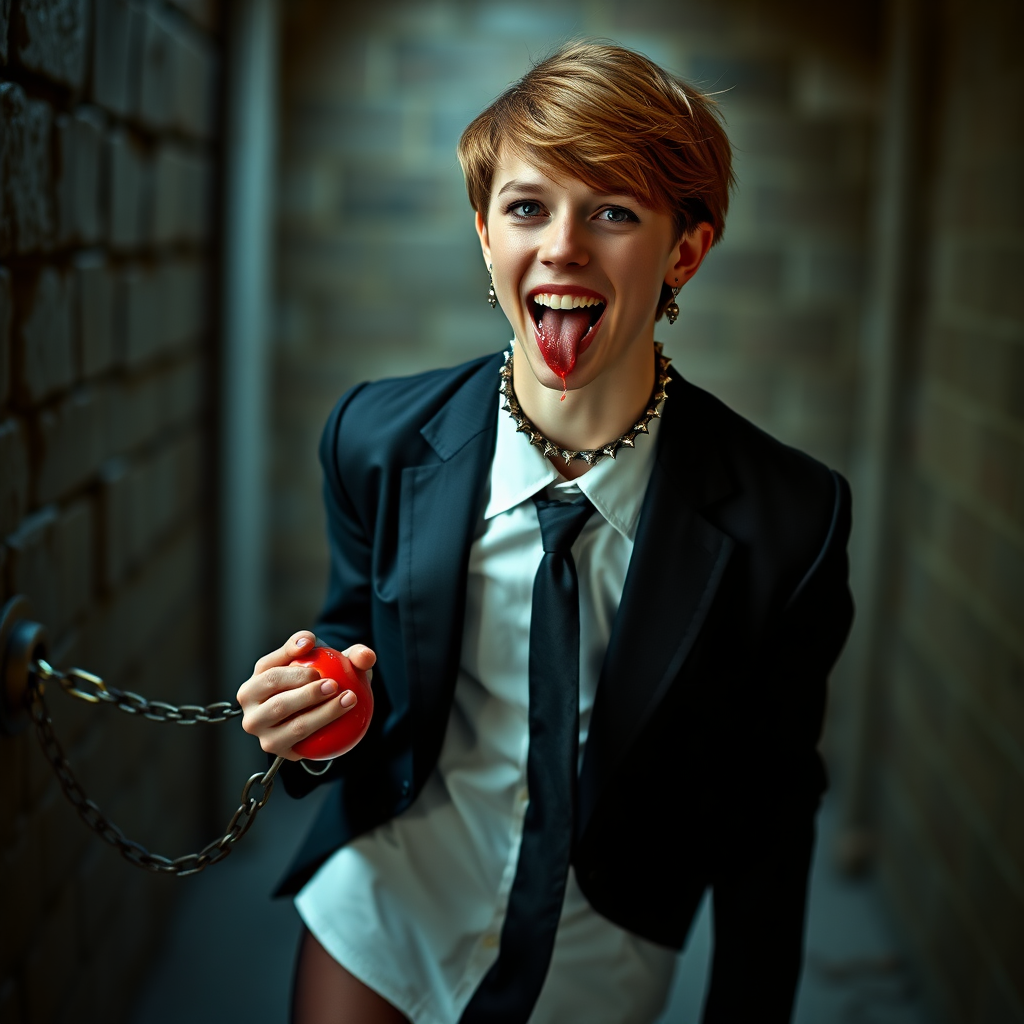 photorealistic, ultra high resolution, 16K, surreal fantasy, soft studio lighting, Tyler Swift is a pretty 18 year old goth male, slim male physique, auburn hair, goth makeup, earrings, shiny black pantyhose, school uniform shirt tie and blazer, Mary-Jane shoes, spikey neck collar chain and leash, red ball-gag, in a dungeon, the end of the leash is chained to the wall, in daylight, excited open mouth smile, drooling a stream of saliva, facing the camera.