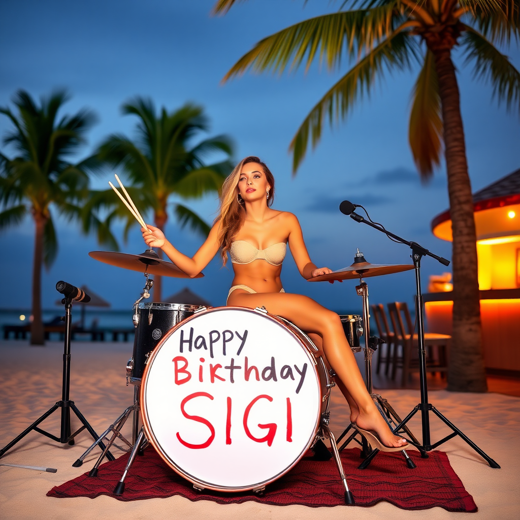 Lady sitting on drumset on beach with palms and bar, white bass drum spelling the words "Happy Birthday Sigi"