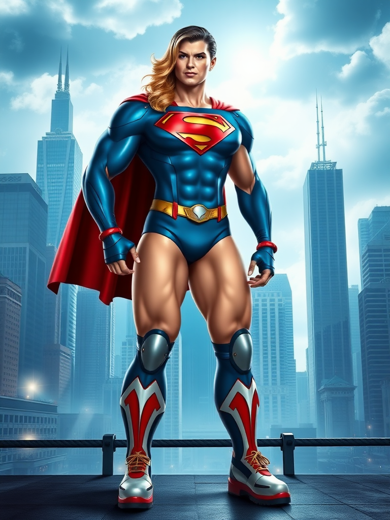 Create a full-length image of Superman with the body traits of R. Mika. The character should retain Superman's iconic blue and red costume, but incorporate stylized embellishments and elements from R. Mika, such as her wrestling-inspired boots and gloves. The physique should be muscular and curvaceous, reflecting R. Mika's athletic build, with exaggerated, strong limbs and a robust torso. The scene should be set in a dynamic cityscape, combining Metropolis' modern skyline with elements of a wrestling arena to create an appropriate and thrilling background for both characters.