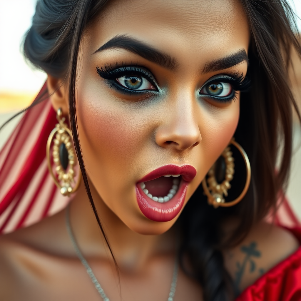 surprised Arabian girl with mouth open. She has very large eyes, black eyeshadow, black eyeliner, fake eyelashes, very tanned skin, very long hair. very high ponytail, red off shoulder shinny crop top. photo realistic