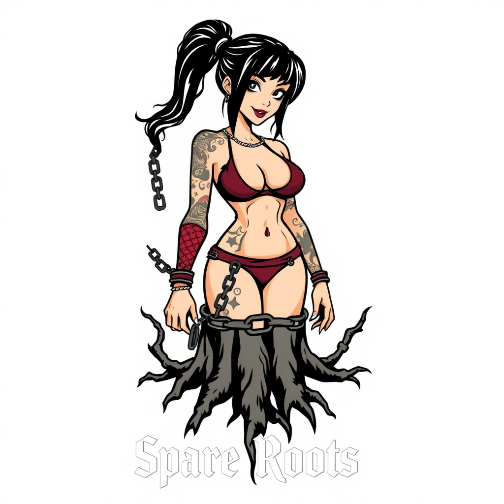 A modern t-shirt design that features a gritty tattooed cartoon woman in underwear and chains. The bottom of the design reads "Spare Roots." The image has a blank white background.