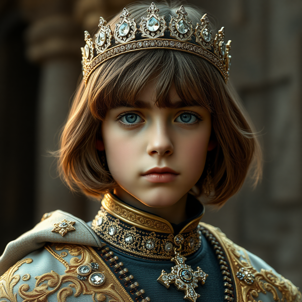 16yo teen boy prince, long bob cut, embroidered with gold and diamonds medieval cloths, diamond diadem. photorealistic, ultra high resolution, 16K,