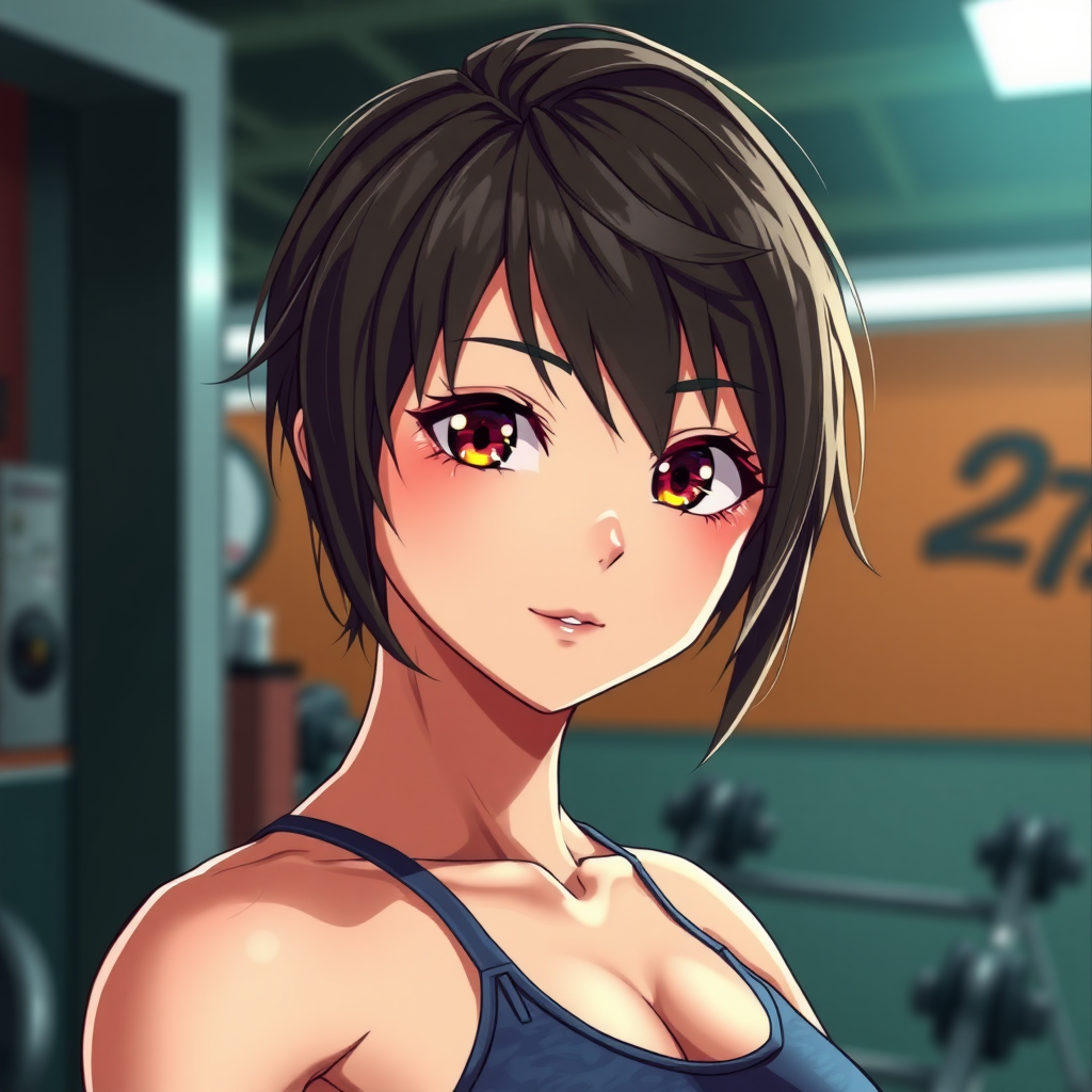 Anime style image, cute fit brunette girl, short hair, gym, sweaty, highly detailed, masterpiece, professional photo, extreme details, high resolution, hdr