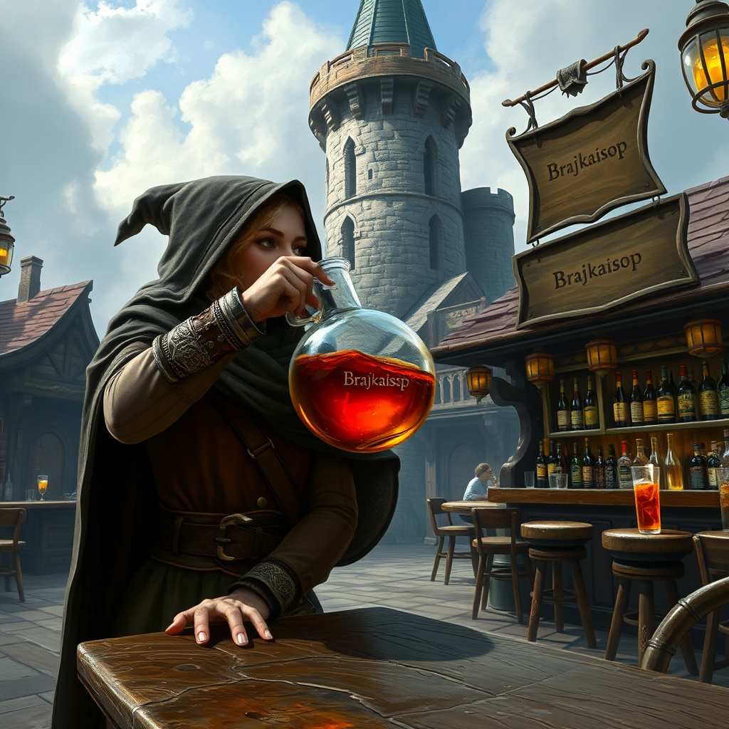 A wide distance shot of a female thief drinking a large potion from a round flask. Dungeons and Dragons port called Waterdeep. Mage tower in the background. Bar with an advertisement for a drink called "Brajkaisop".