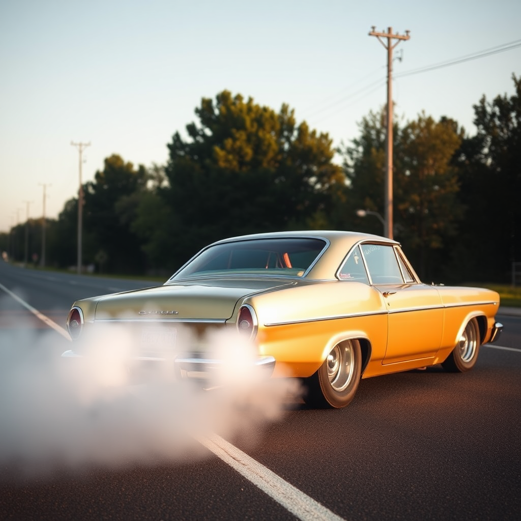 The drag car is parked on the side of the road, inspired by Taiyō Matsumoto, tumblr, restomod, nd4, c4 metallic shine classic american low rider ford