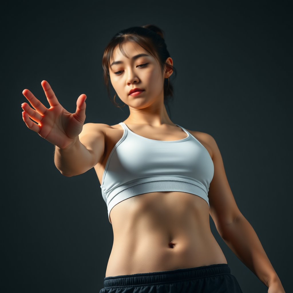 photorealistic full body low angle shot athletic Korean woman holds her arm outstretched, looking at something resting on her palm negative: bad anatomy