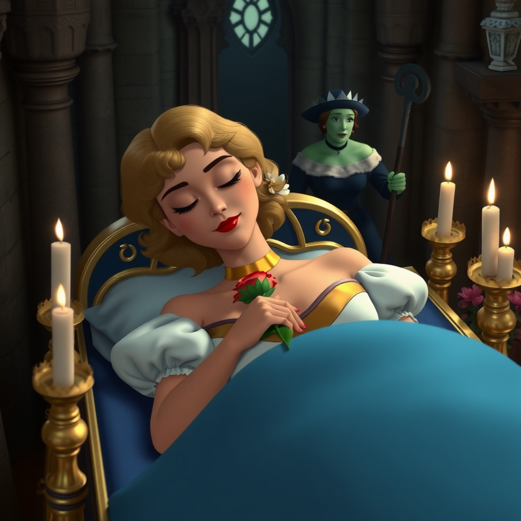 Disney film still funeral scene of a 19-year-old thin, sweet youthful alluring feminine prince with short wavy golden hair with curls, rose blush highlighting contour with a hint of red, red lipstick, hooded eyes with long eyelashes. Wearing a gold choker, a white off shoulder dress puff sleeves with a gold neckline shaped into a U shape. In a gothic castle tower, sleeps on a glass encased golden funeral bier with a blue medieval bed eyes closed holding a rose, with her head resting on a double pillow, with candles and flowers on each post, in the center of the room as a staff-wielding green 38-year-old queen wearing a black off shoulder enters the room.