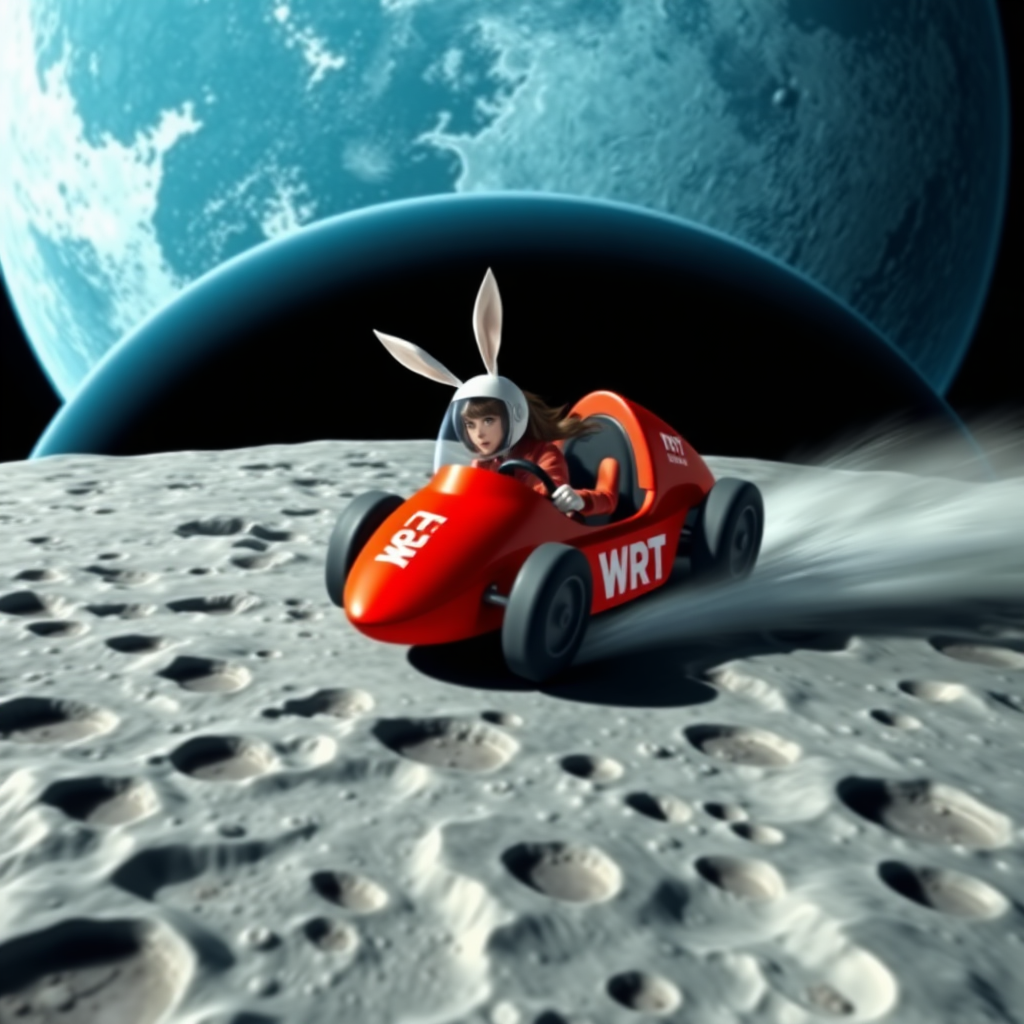 On the surface of the moon, dotted with many craters, a red moon racer is speeding by. The racer has "WRT" written on it, and a beautiful brunette female racer, wearing a racing helmet adorned with upright white rabbit ears, is tightly gripping the steering wheel. In the background is the huge circular blue Earth.