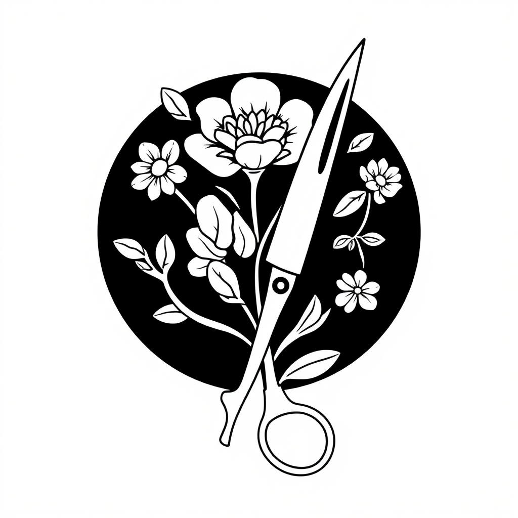 a black on white, line design containing a scalpel and surgical and floral iconography