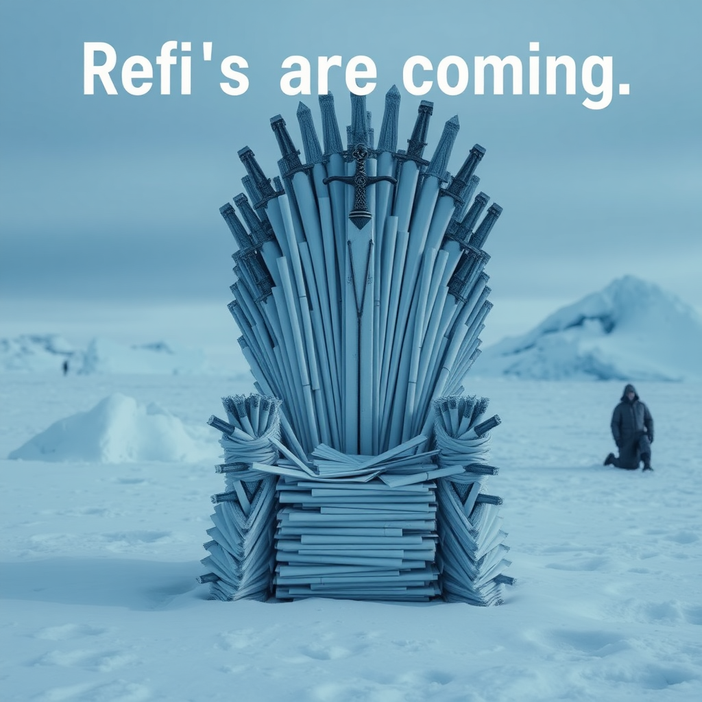 A movie scene in Antarctica depicting the Game of Thrones sword chair made out of stacks of paper. The text in the background says “Refi’s are coming.” Epic theme and high quality cinematic elements.