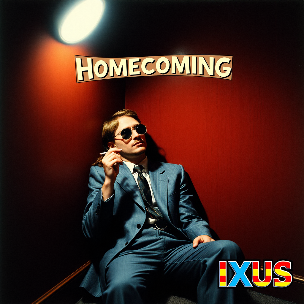 album cover, 90s slacker rock, high schooler sitting in the corner under a spotlight smoking a cigarette, he's wearing round sunglasses indoors, grey 2 piece suit, long light brown hair in a ponytail, mustache/goatee combo, lonely at the homecoming dance, the title "HOMECOMING" written on a banner across the top, the artist name "IXUS" written on the bottom right in black and rainbow letters