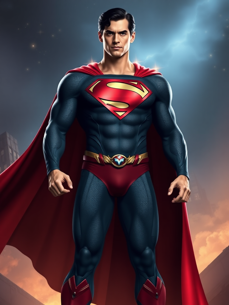 Create a full-length image of Superman with Zatanna's female body type while keeping Superman's head intact. Integrate some embellishments or elements from Zatanna's costume, such as magical accents or style. Design a background that suitably merges the iconic atmospheres of both characters' worlds, ensuring it complements their personalities and power.