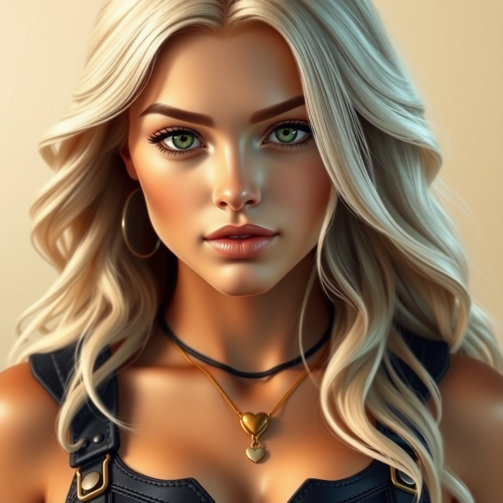 Portrait of a beautiful young woman with long wavy platinum blonde hair, green eyes, a suntan, large breasts, and light brown eyebrows. She is wearing black leather armor and a gold necklace with a small heart pendant.