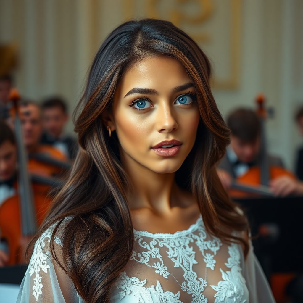 a young woman singing. long brunette hair with highlights, bright blue eyes. suntanned skin. small lips colored pale rose. looking to the side. wearing an elegant long white dress with transparent lace. orchestra in background. view in wide angle. photo