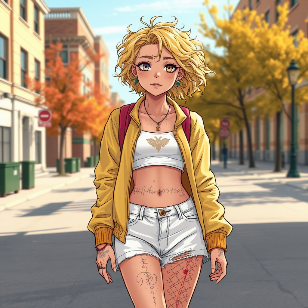 Realistic drawing style image, Extremely good quality 8k resolution drawn manga image of a 15 year old petite and short tomboy girl with golden blonde curly hair with mixed and different colored eyes for each eye and moles on her entire body and is a white American girl, Has on a Gold Jacket over a white extremely short crop top only covering her breasts and nothing more with a design on it, and has on ripped shorts and cool looking sneakers and a deep and big knife cut wound on her stomach from a huge injury she had, with a bright color backpack, ear piercings on, walking on the street to school in the morning with the beautiful sunlight lighting up her body beautifully with no tattoos.