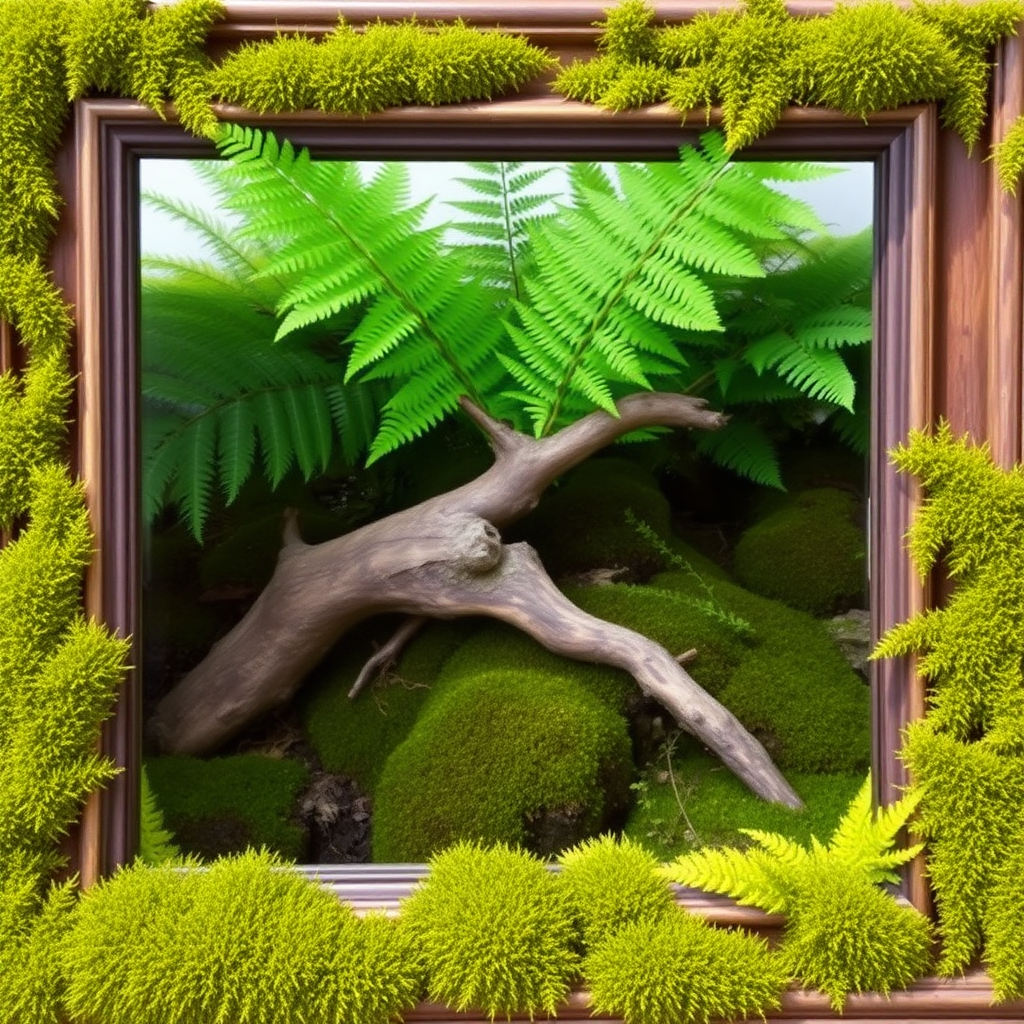 A picture frame is filled with ferns and moss, with a deadwood in the middle, and the moss is covering the empty corners.