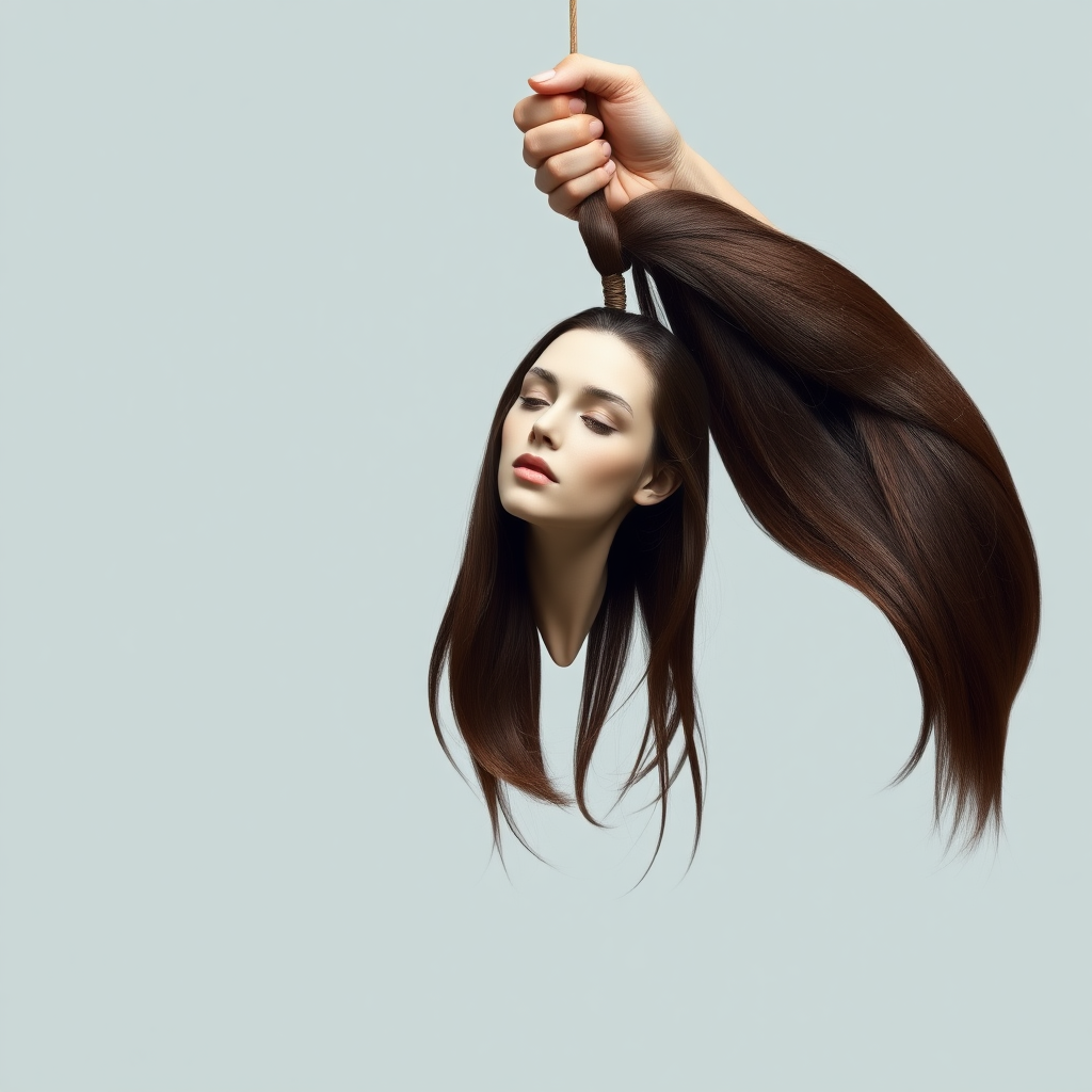 Surreal image of a very long haired woman's beautiful disembodied head hanging by her very long hair. Her very long hair is gathered at the top of her head into a long ponytail that stretches upward into a grasped hand. Plain gray background.