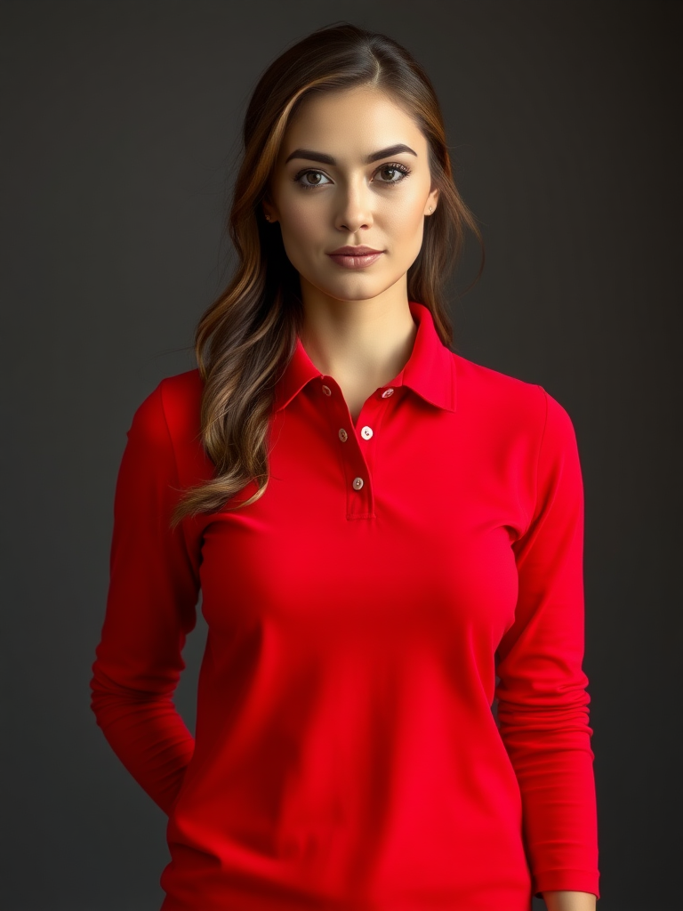 A woman wearing a red long-sleeved polo shirt. full body, front view, looking at viewer.