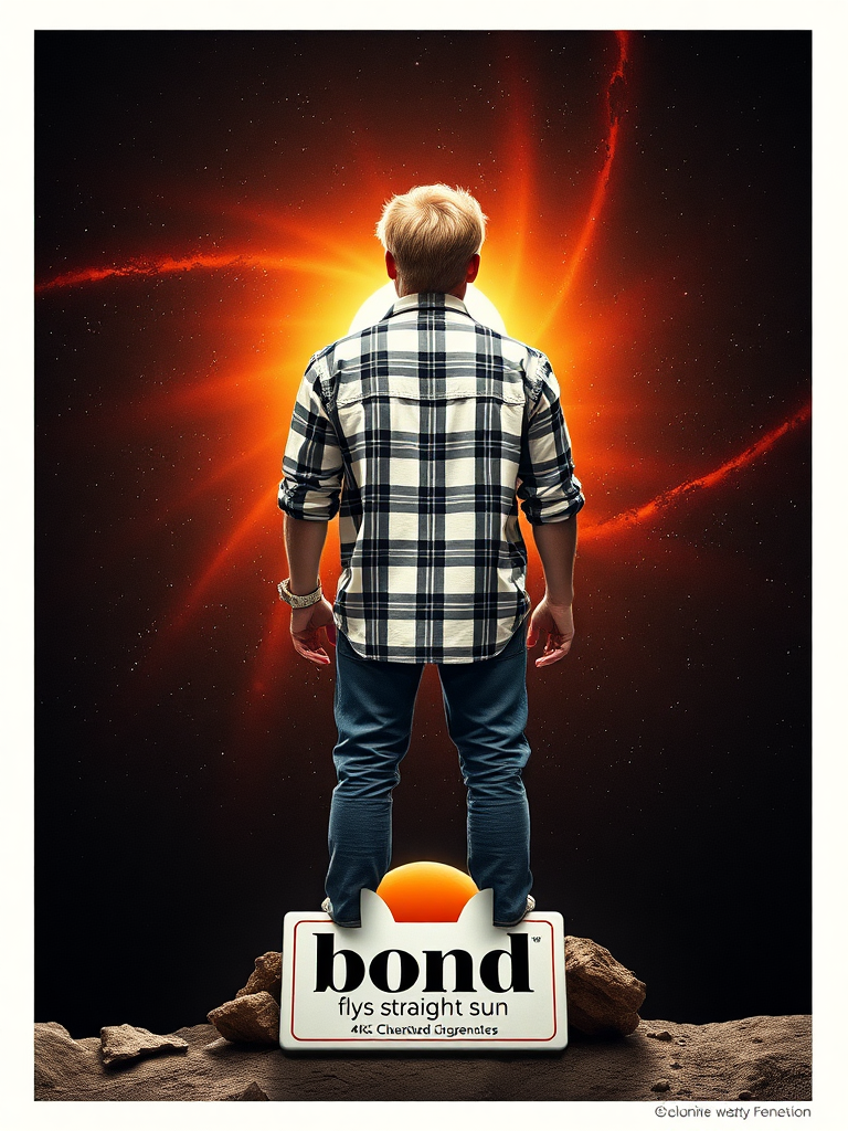 full-body photo, view from behind, a SCI-FI film poster, 1970 style poster, the blonde young man in plaid shirt (white and black) stands with his feet on the pack of cigarettes (with name "bond") that flies straight to the sun, universe, 4k, HDR