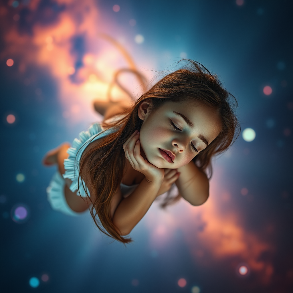 preteen girl floating in space, sleeping, Low Key Lighting, dreamscape, nebula, Bokeh, abstract, brilliant colors, glittering, translucent, iridescent, natural skin, glowing, artistic photo, panoramic, awe, airy, original, experimental, interdimensional