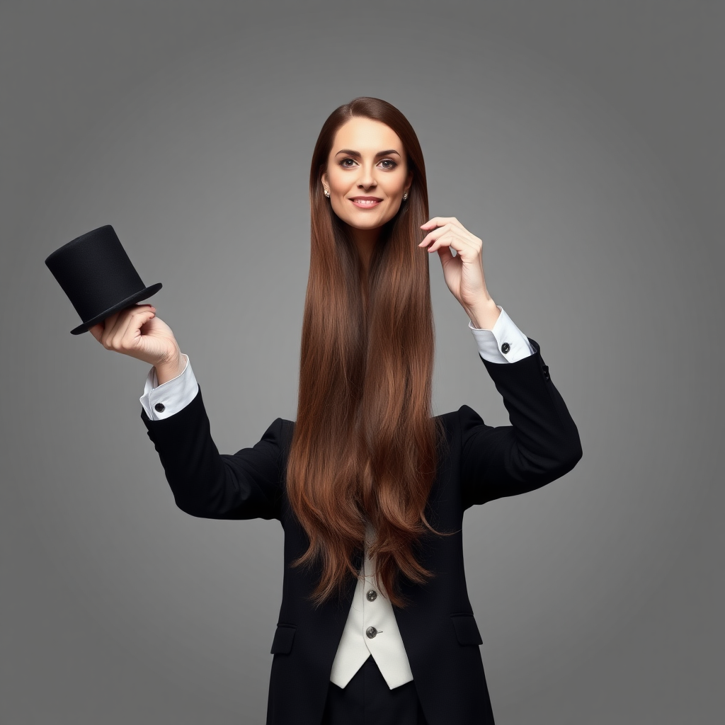 A surreal image of a magician holding up the disembodied head of a very long haired Kate Middleton. He is grabbing her by her long hair and holding up her head high in the air to display it to the camera. Plain gray background.