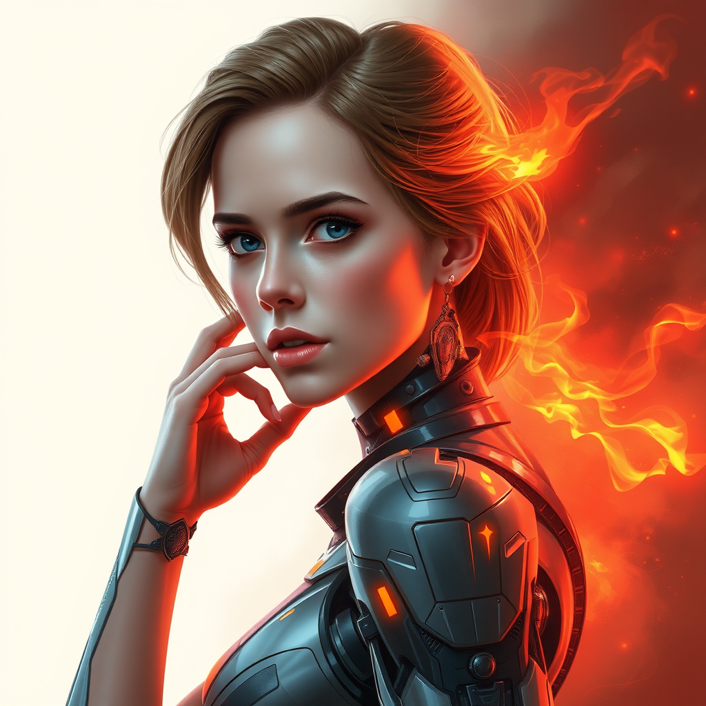 Emma Watson as a beautiful cyborg-person with a burning passion inside, hourglass slim figure, sci-fi, highly detailed, digital painting, artstation, concept art, smooth, sharp focus, illustration