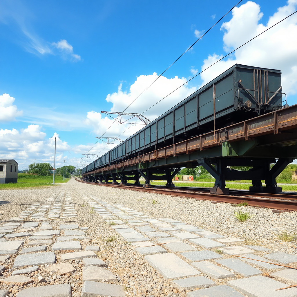 create an image for me with a sky, an empty lot, elevated train tracks on stones, side view, profile view