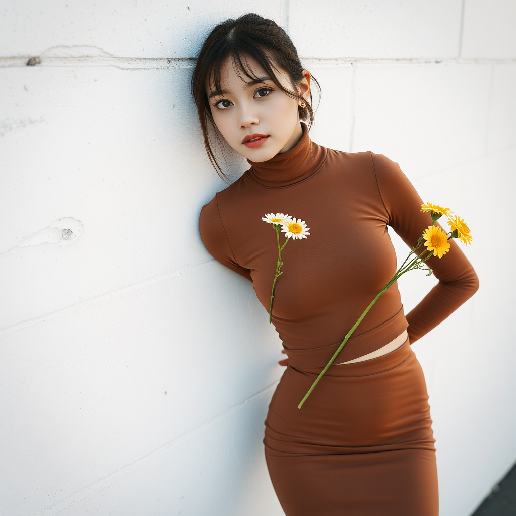 A slim girl in brown turtleneck croptop and brown bodytight skirt, leaning like a model to a white cement wall texture, yellow white crysthemum flowers in hand, closeup shot, slim model face,