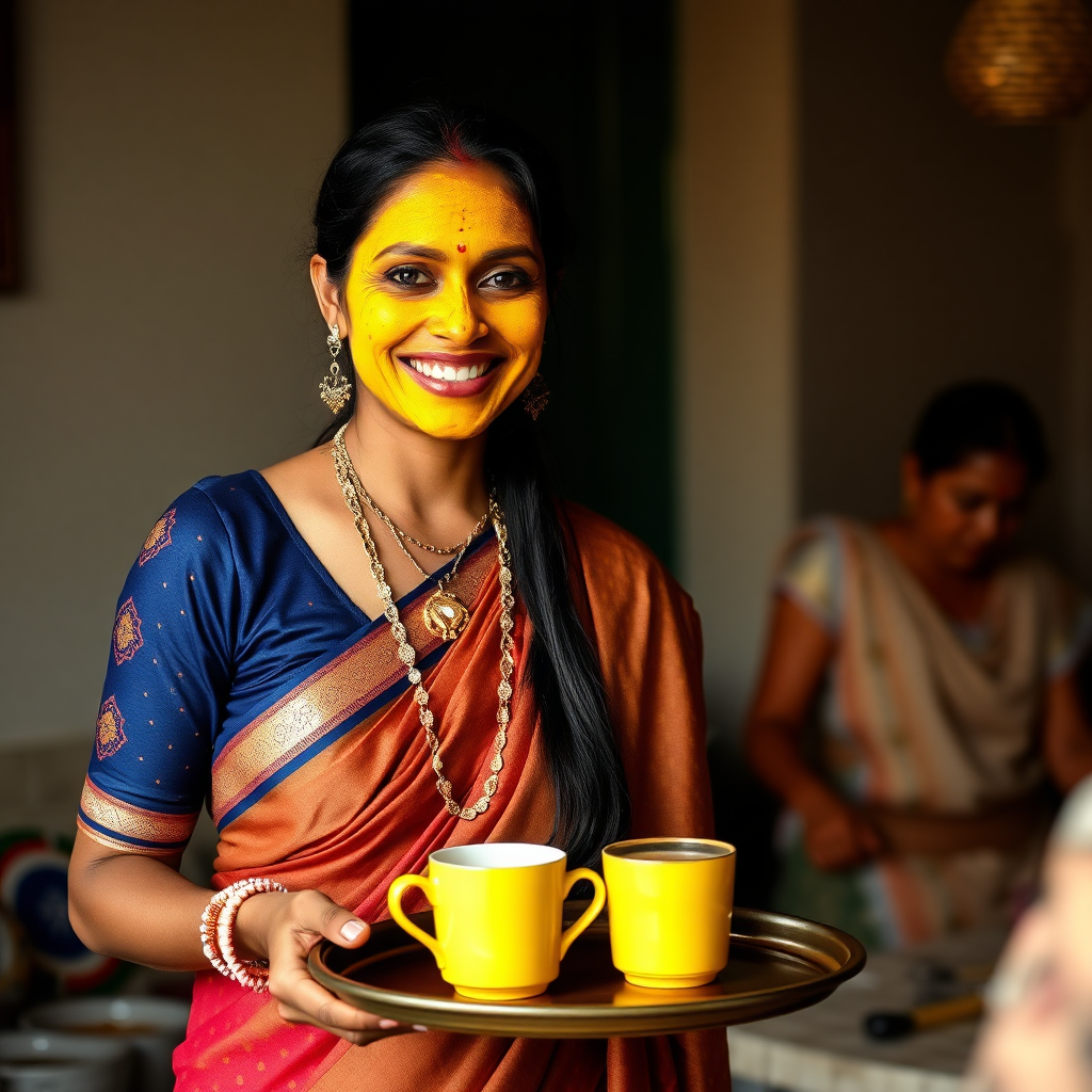 slim, 30 year old, sexy, traditional indian wife, turmeric face mask. She is smiling and serving coffee on a tray to guests.