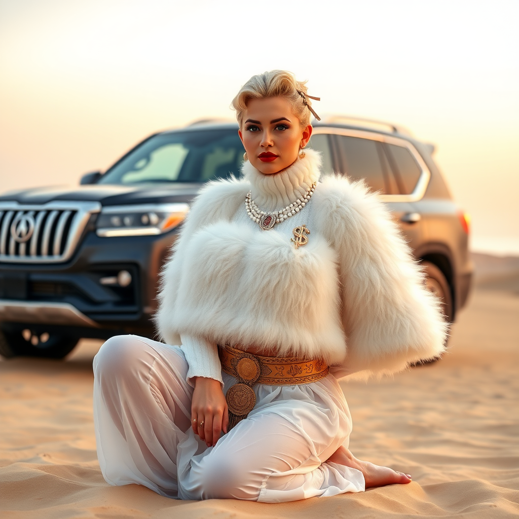 Kuwait desert dunes misty dawn, full size luxury SUV: Melissa, European 17 years old very convincing femboy “trophy-bimbo”, tamed servile docile, very beautiful feminine flawless face, rather short, by hormones very curvaceous womanly figured, platinum blond short tight curls, bold red lips, heavily made-up face, wearing Supertanya-style fluffy very fuzzy bright white angora turtleneck-poncho cropped ending under bust decorated with pearls and gemstones, striking oriental wide gold bridal protection belt, white fully transparent harem pants, full Oriental bridal jewelry including headpiece, nose-ring, coin anklets, striking diamond “$$$” letter brooch on left chest, pout frustrated, hands tied behind back, kneeling in sand in front of SUV, looking at camera. Focus on face and turtleneck-poncho.