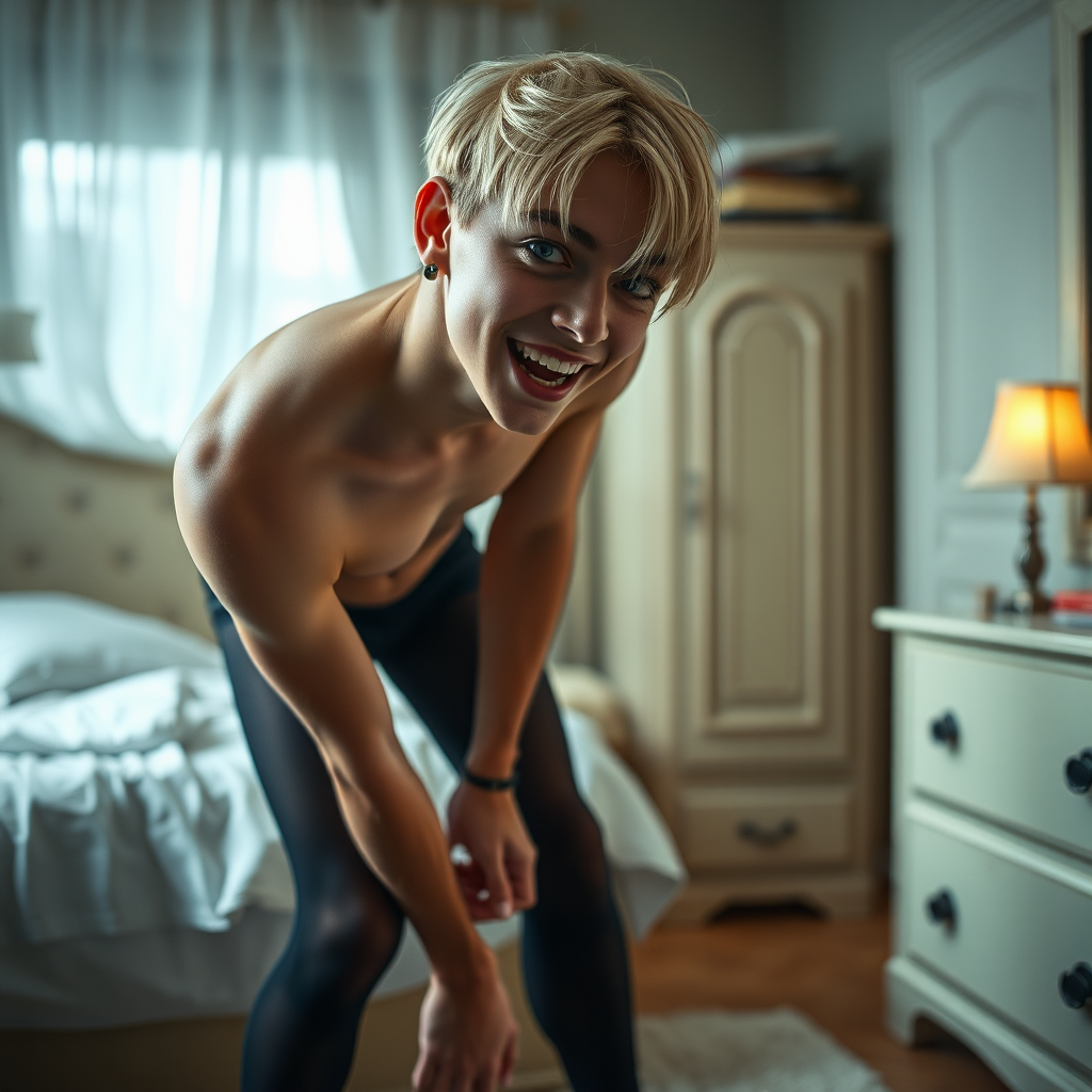 photorealistic, ultra high resolution, 16K, surreal fantasy, studio lighting, a pretty 16 year old goth male, slim male physique, short blonde hair, goth makeup, earrings, pantyhose, white ballet shoes, in the bedroom - he is bending forward, excited smile, facing the camera.