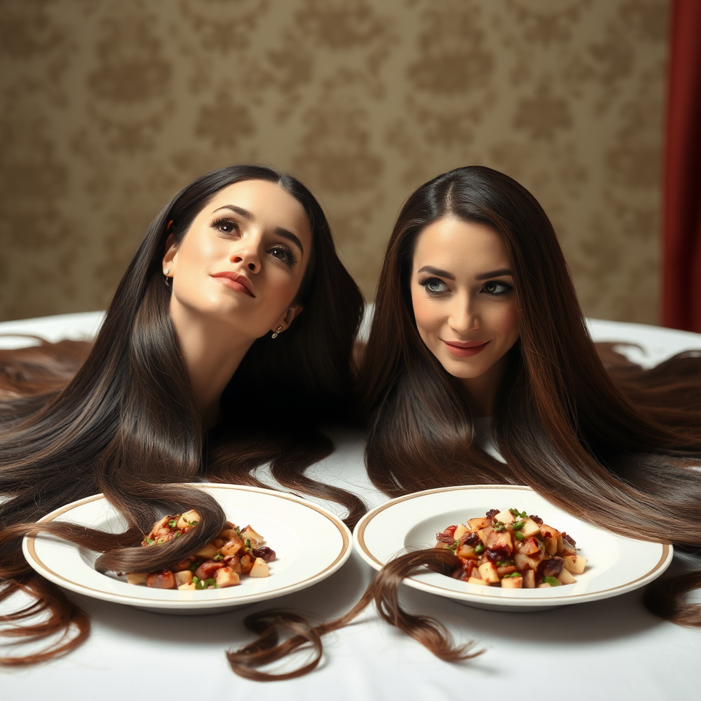 Surreal image of the disembodied heads of very long haired Meghan Markle and Kate Middleton served on plates. Their beautiful hair spread out all over the table.