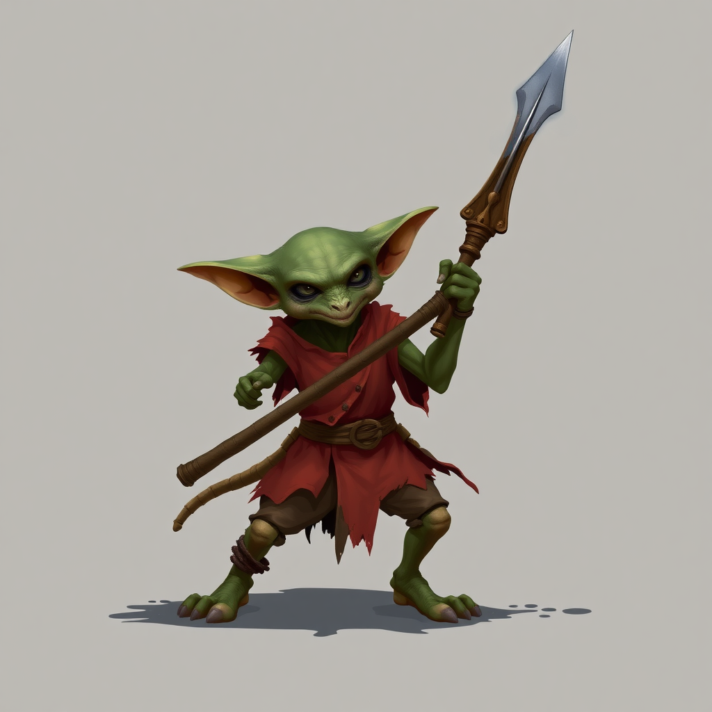 A small, skinny kobold in a tattered red tunic and dirty brown pants holding a quarterstaff in a threatening manner