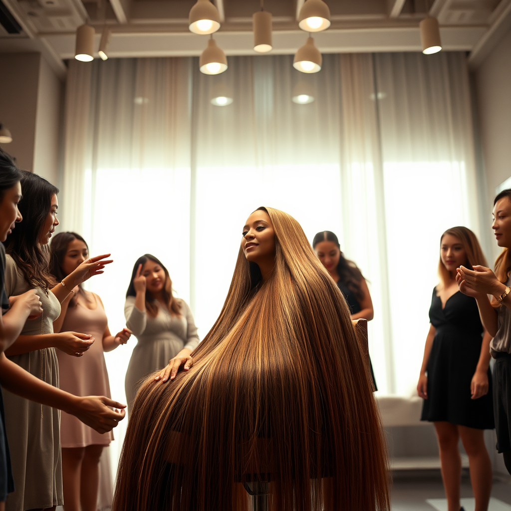 In an elegant, sunlit salon, adorned with soft, minimalistic decor, the stunning Beyoncé sits gracefully in a salon chair, her incredibly long, luxurious hair cascading like a flowing waterfall of silk down her shoulders and past her waist. The gentle glow of overhead lights highlights the rich, deep hues of her hair, each strand reflecting the brilliance of the space around her.

As an interactive long hair fetish performance art exhibit unfolds, curious visitors gather around, their eyes alight with fascination and excitement. Some eagerly reach out, gently grasping her hair between their fingers, feeling the smooth texture slip through their hands, while others playfully tug at it, testing the boundaries of their interactions. Each movement is accompanied by a symphony of soft gasps and murmurs of appreciation, enhancing the atmosphere of intimacy and connection.

The background is a simple, unobtrusive gray, allowing the artistry of the moment to take center stage. The air is charged with a sense of wonder and exploration, as visitors not only admire Beyoncé's hair but also engage in this tactile experience, deepening their understanding of the artistry behind her presence. Her expression is a mixture of serenity and playful engagement and submission, reflecting her comfort and trust in this unique performance, ultimately creating a captivating scene where art and audience intertwine seamlessly.