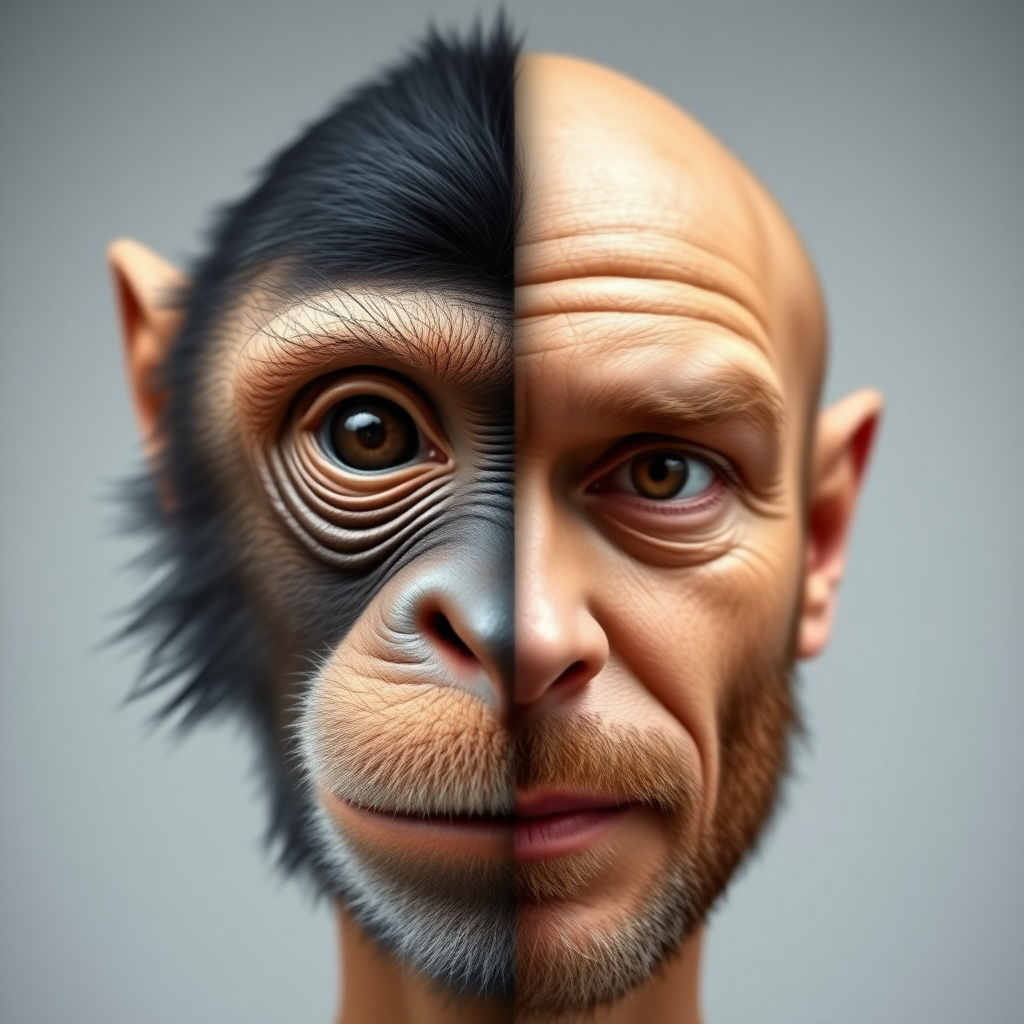 Face front.  
Left side of a monkey's face and right side the face of a man.  
Two faces in one.