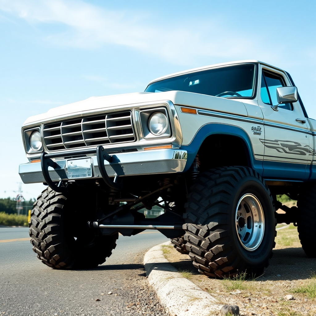 the car is parked on the side of the road, inspired by Taiyō Matsumoto, tumblr, restomod, nd4, c4 ford 4x4 pick-up monster truck