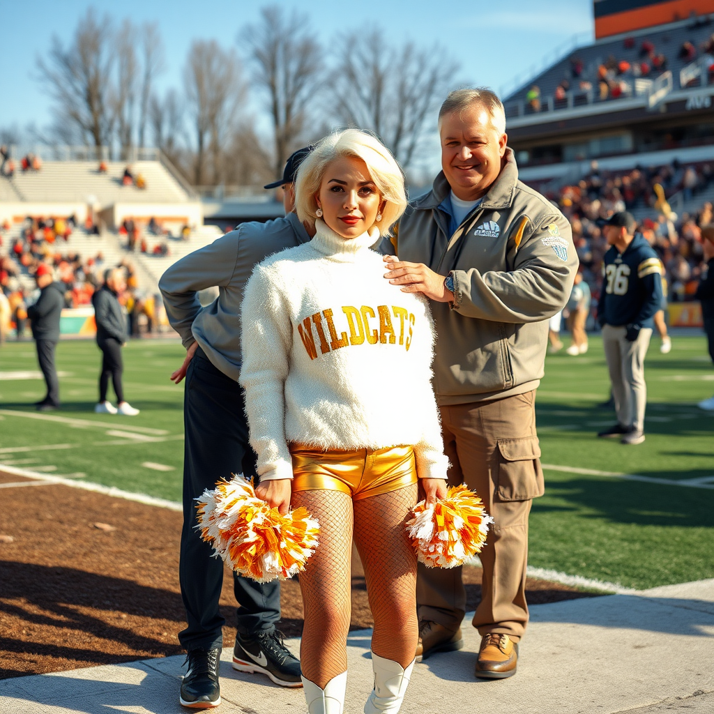 Sunny cold fall noon, college football stadium game, cheerleaders leader squat: Ana, European 17 years old very convincing femboy “QB’s trophy-bimbo”, tamed servile docile, very beautiful feminine flawless face, rather short boyish figure, platinum blond short tight curls, bold red lips, heavily made-up face, fluffy very fuzzy bright white plushy hazy thick angora turtleneck-sweater with “gold “WILDCATS” letters, vinyl gold short shorts, mesh pantyhose, white vinyl thigh-high boots with golden heels, large gold-white pompoms, pearl earrings, standing, shoulders slightly arched back to present her assets, posing for photo with Hank: older tall overweight male football coach, wearing college football coach outfit, triumphant smile, nimbly patting Ana. Jealously watching from behind: very angry wildcat’s QB.