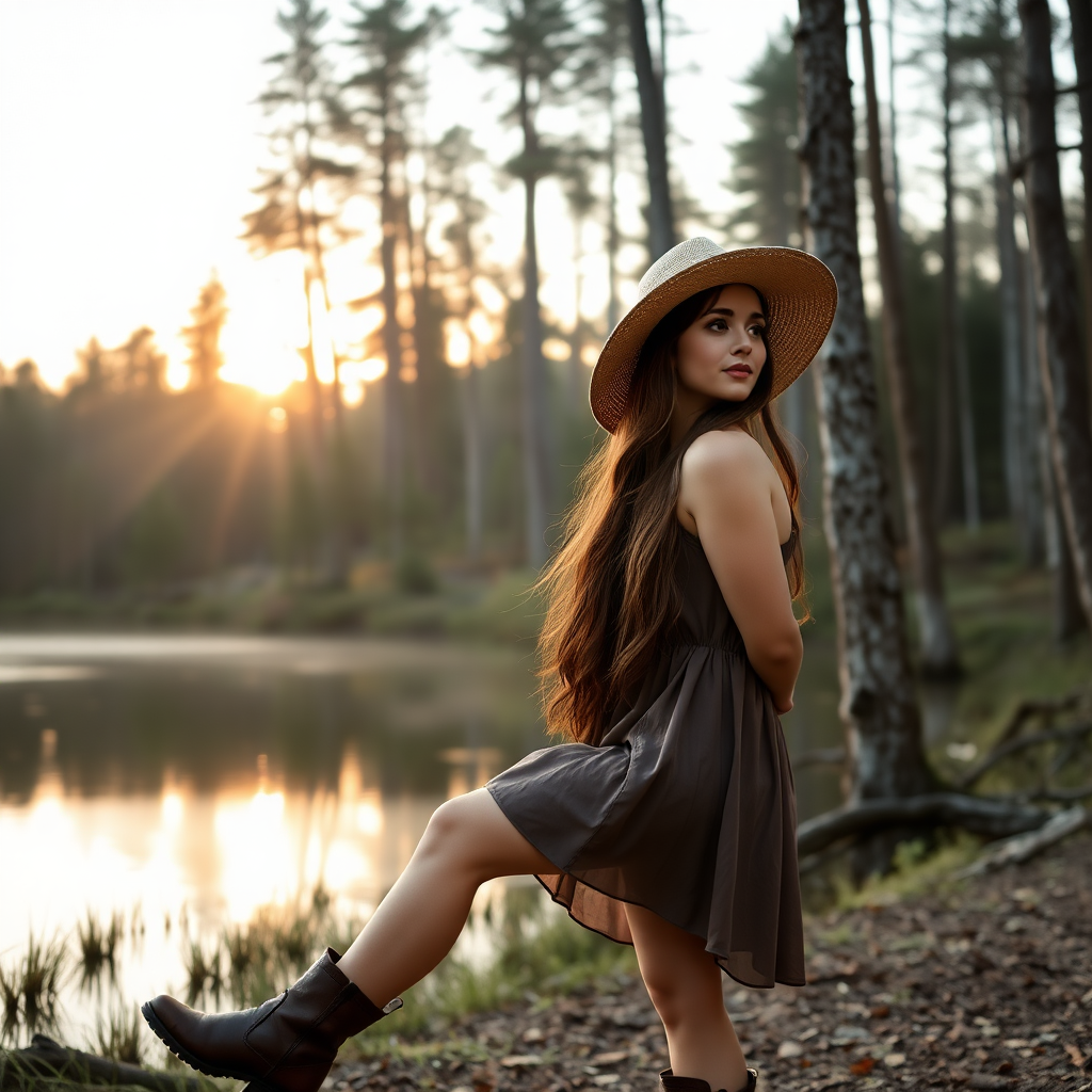 a young woman posing next to a lake in a forrest. long brunette hair. she is wearing a dress, boots and a wide straw hat. looking to the side. the sinking sun is falling through the trees. a little fog is rising from the lake. light like in fairy tale. photo