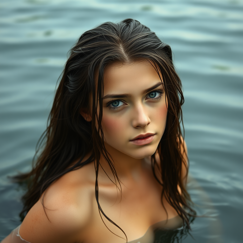 a young european woman just coming out of a lake. she has long brunette wet hair and pale blue eyes. she is topless. photo