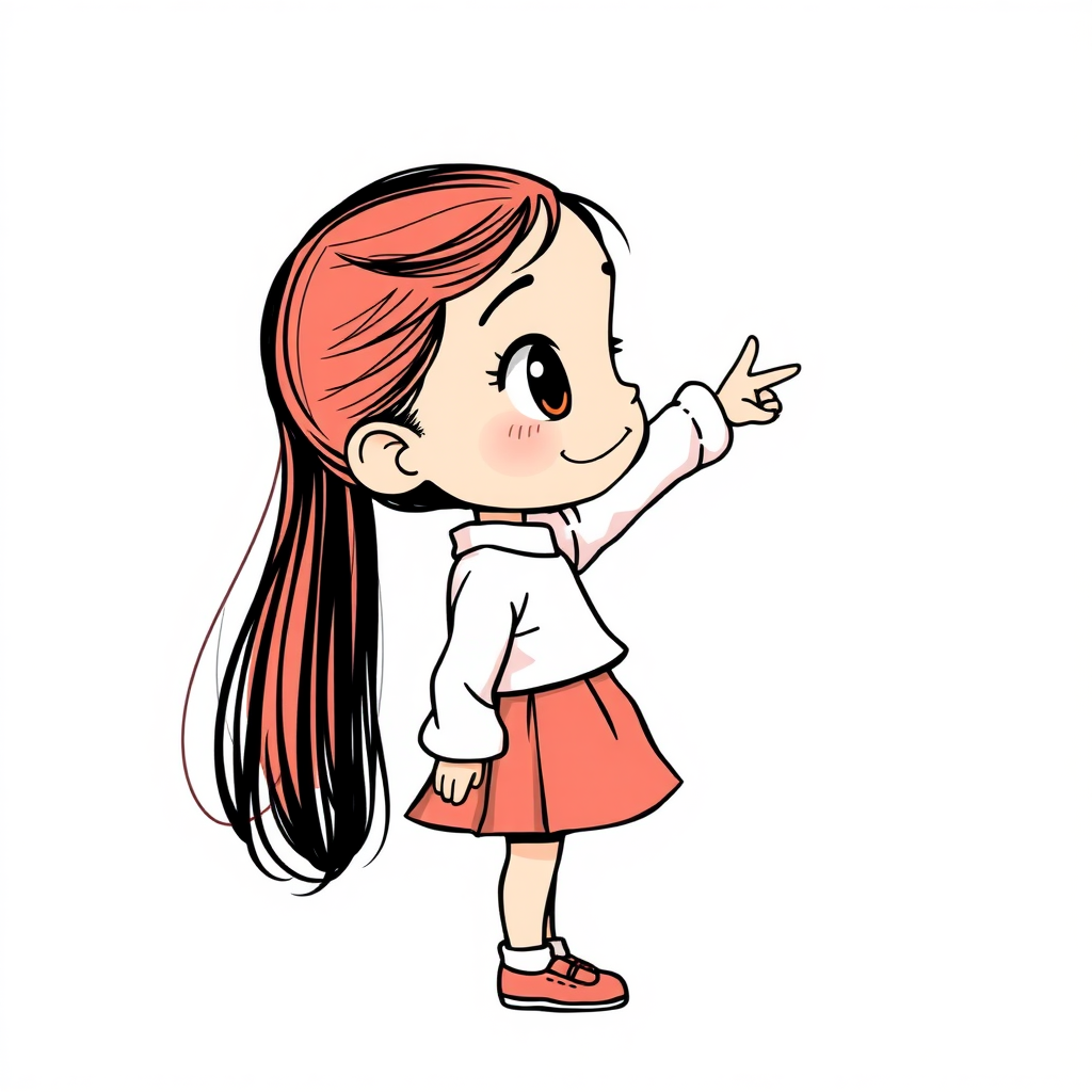 a cute, happy LITTLE GIRL drawn from the profile. Looking to the side up reaching forward. The hand points to the right.cute ink sketch style illustration in Cheerful colors. full body. hands up right. A nine-year-old GIRL.  The girl wears a skirt and a long-sleeved shirt.