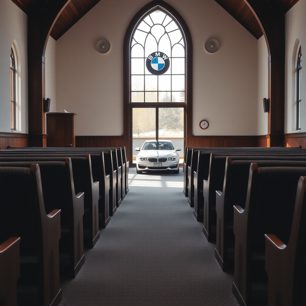 in a church with gray pew benches and dark wood frame and gray carpet. and bmw outside a window