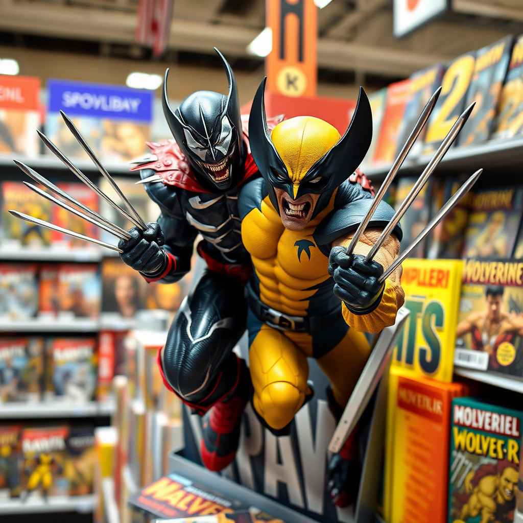 Jumping out of a Comic book cover on a store shelf is Spawn and Wolverine with his perfectly razor sharp claws in Cinematic Real3D photo-realistic quality.