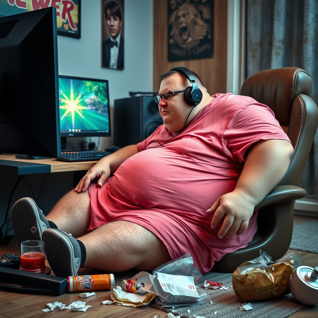 A photo of a lazy and obese man wearing headphones sitting at his gaming computer desk, food and drink trash is littered around the floor.