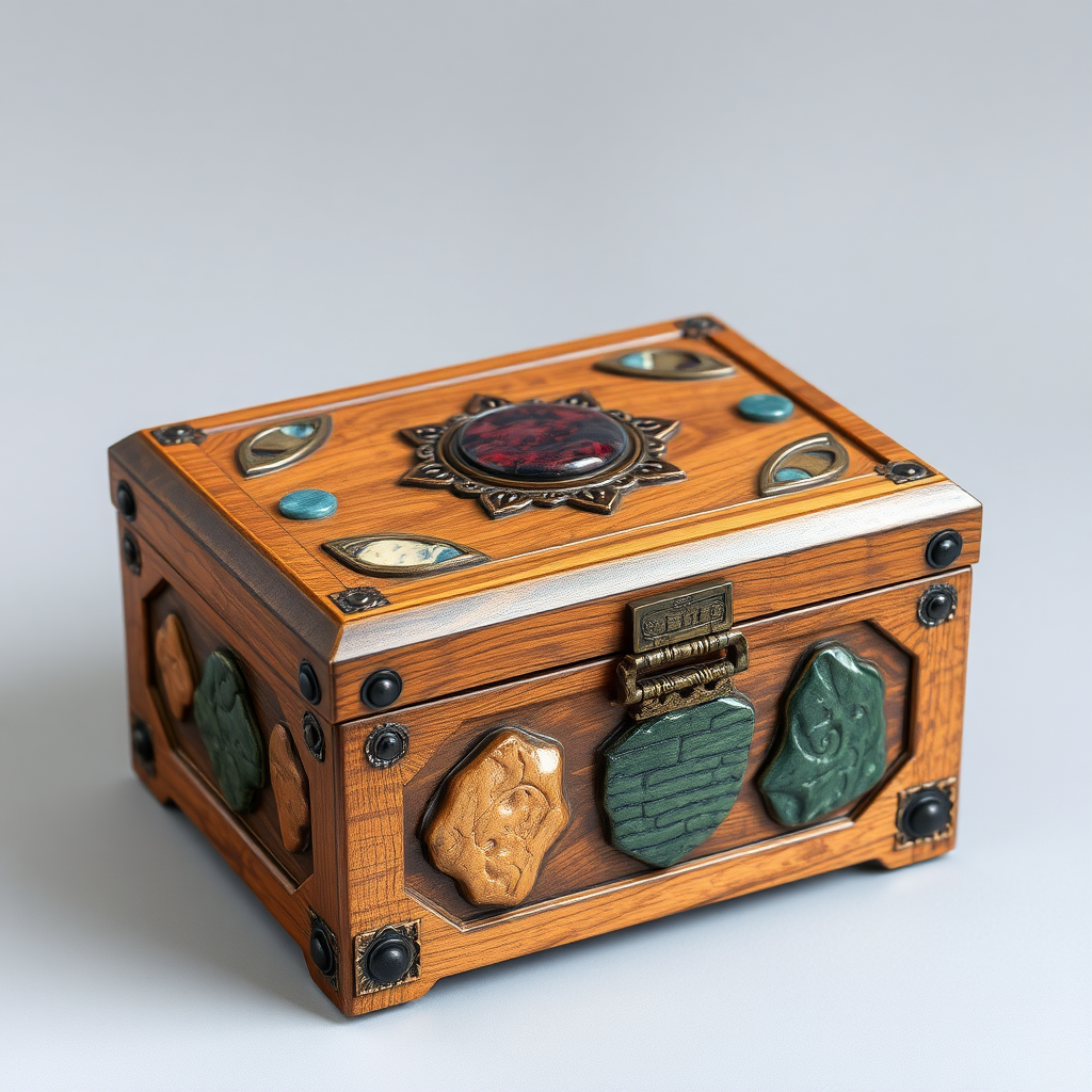 Decorative fantasy genre wooden box with stone inlay