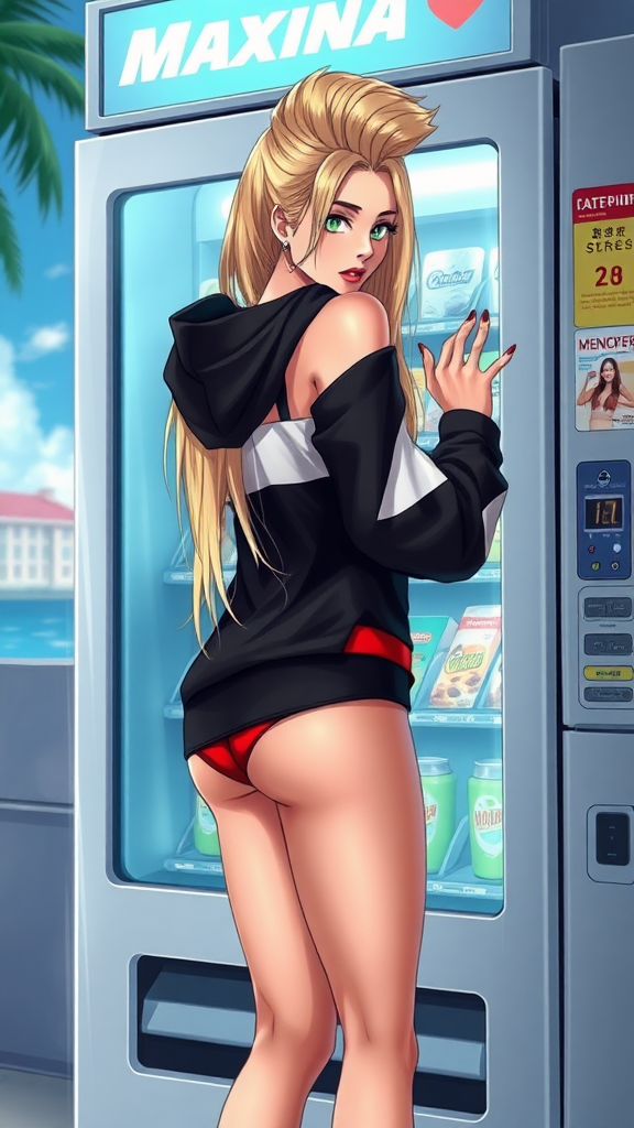 Background of a vending machine in Miami Florida beach cityside, Anime, a sexy seductive long-blond hair, green-eyes with makeup eyelashes, wearing a black-white-dark swagger hoodie under a red-bikini and red-gstring thong, red-nails, red lips, backside big butt, there is a latino-male young-adult with brown-fohawk hair also there.