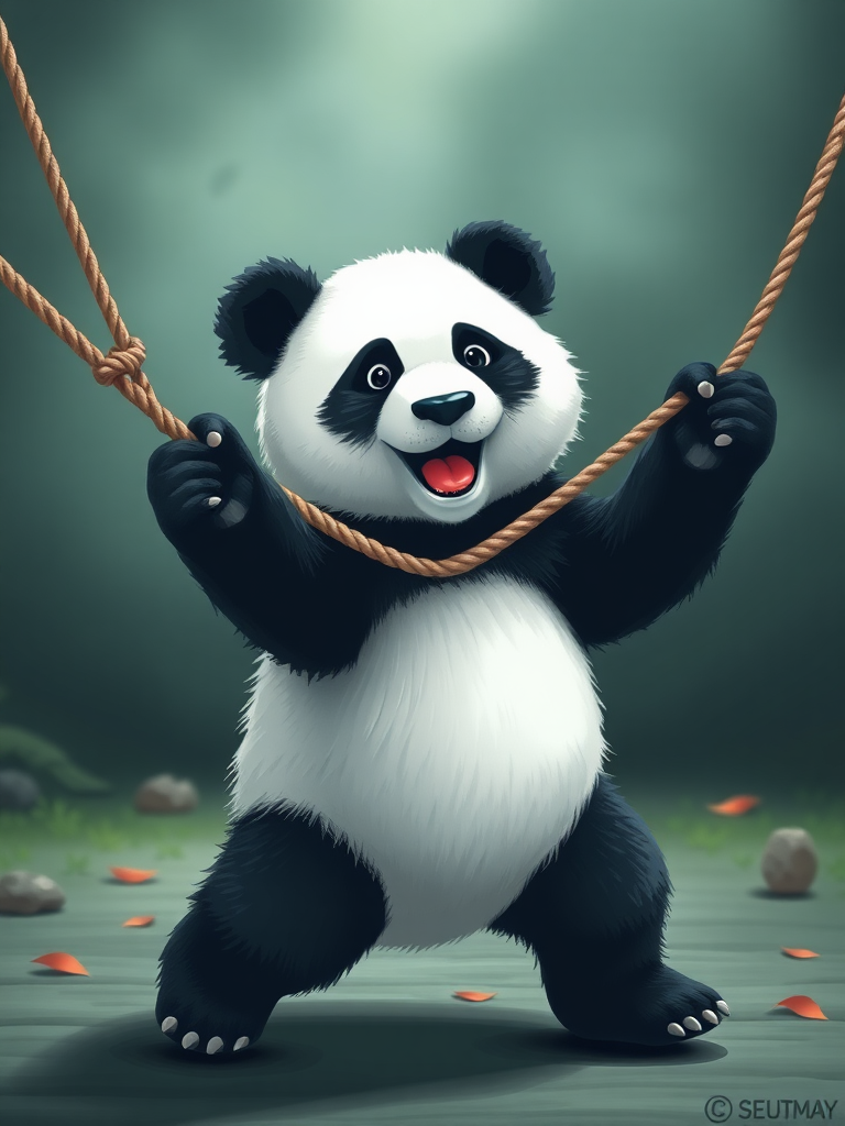 A panda bear using a jumprope