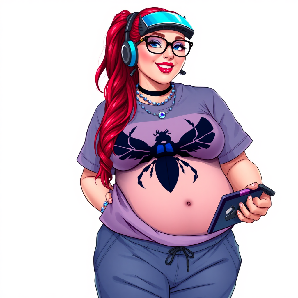 A cyberpunk vigilante’s full-figured intelligent and tech-savvy 29-year-old girlfriend, who is a computer hacker and tech genius. She has a long ruby red ponytail and bright blue eyes. She wears a sapphire beetle gemstone necklace, an oversized, Maximum Blue (RGB 71, 171, 204) t-shirt featuring a giant black chest icon of a winged beetle, and matching Maximum Blue (RGB 71, 171, 204) sweatpants. She has a full-figured physique with an enormous, well-rounded midsection, reflecting her well-cared-for lifestyle. The midsection is heavily emphasized. She sports a sapphire headset with hi-tech Maximum Blue (RGB 71, 171, 204) lensed HUD visor, Maximum Blue (RGB 71, 171, 204) lipstick, black eyeglasses, and a beaming smile with a passionate bright red blush. Despite her figure and a lack of self-esteem, she radiates an air of beauty. She has an angular face which contributes to her radiant beauty. She serves as his tech expert from his hideout, holding a holographic tablet and a hi-tech tool wrench. The background is solid white. She is drawn as if she was in a retro 2D cyberpunk fighting game. Make sure her outfit covers her enormous midsection.